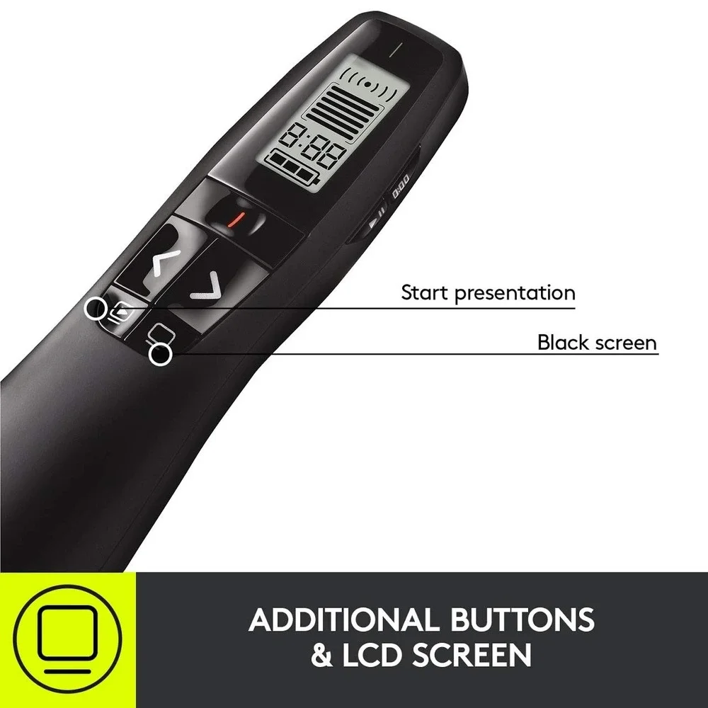Logitech R800 Wireless Presenter Remote Green Laser Pointer LCD Screen 100ft